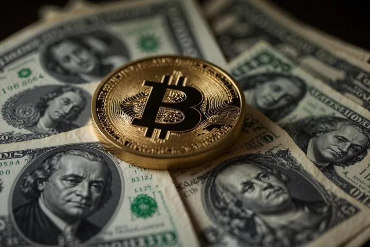 Monedhë bitcoin mbi kartëmonedha dollari, simbol i tregtisë OTC kripto me shuma të mëdha nga Shqipëria