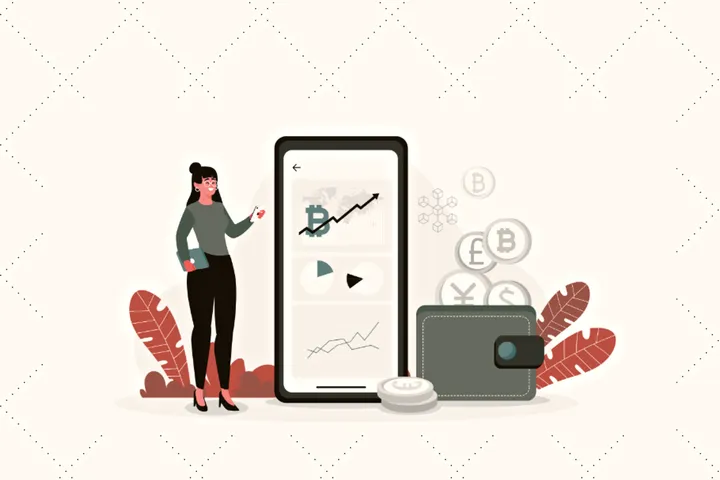 Grua me celular që tregon grafik, wallet dhe monedha kripto — udhëzues bitcoin për fillestarë